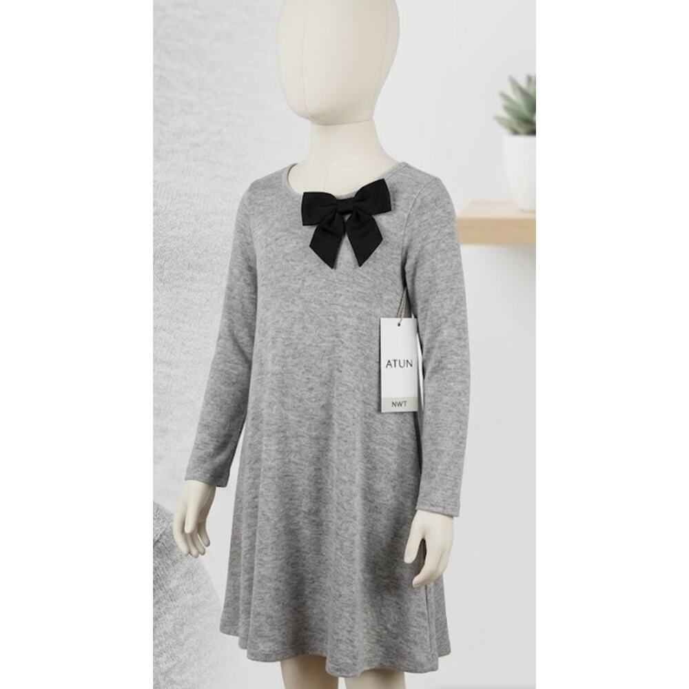 ATUN - Girls' Gray Bow Long Sleeve Swing Dress - Sz 13/14 - NWT